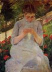 Молодая женщина за шитьем в саду 1880-1882