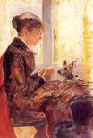 Кассат Мэри - Дама у окна кормит собаку 1880