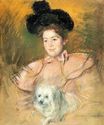 Женщина в малиновом костюме с собакой 1900