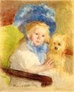 Симона, в большой шляпе с перьями, держит собаку 1903