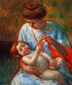 Ребенок на коленях у матери играет шарфом 1914