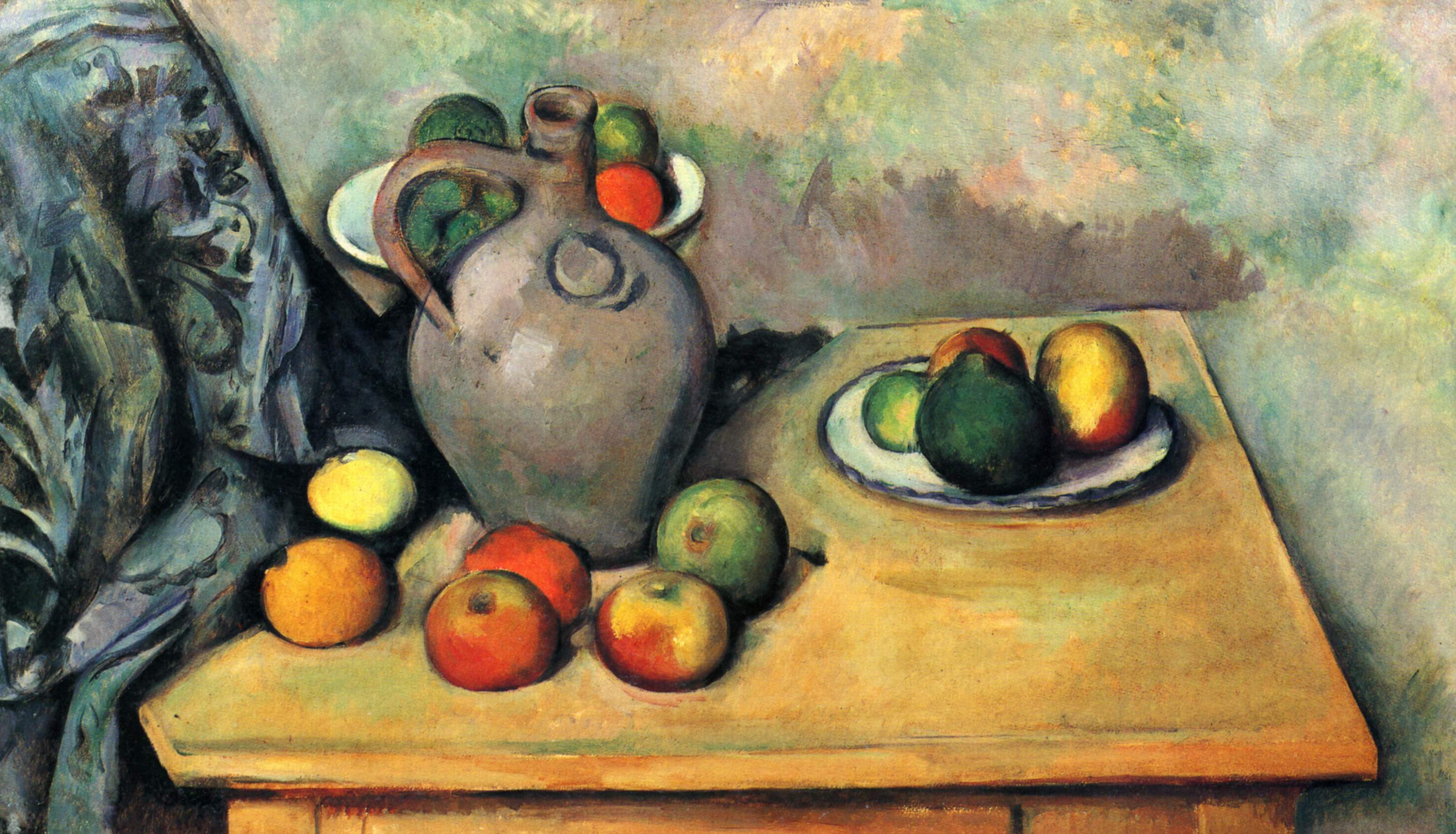 Поль Сезанн - Натюрморт кувшин и фрукты на столе 1894