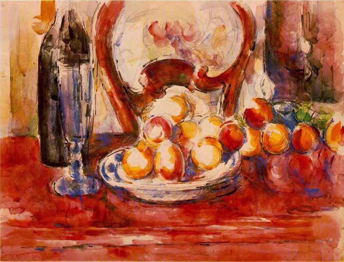 Поль Сезанн - Натюрморт яблоки и бутылка на фоне стула 1902