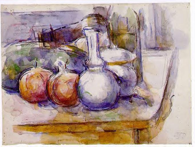 Поль Сезанн - Натюрморт с гранатами, графином, сахарницей, бутылкой и арбузом 1902