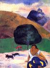 Paul Gauguin - Landscape with black pigs and a crouching Tahitian 1891