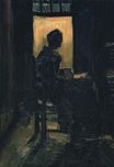 Крестьянка, сидящая перед открытой дверью за чисткой картофеля 1885