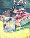 Цветущая ветка миндаля в стакане и книга 1888