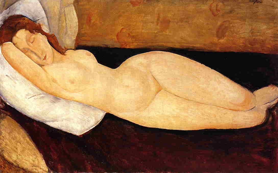 Amedeo Modigliani - Лежащая обнаженная, голова опирается на правую руку. Обнаженная на диване 1915