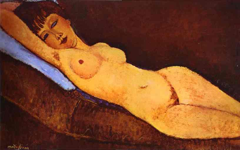 Amedeo Modigliani - Лежащая обнаженная с голубой подушкой 1917