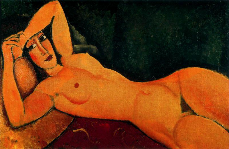Amedeo Modigliani - Лежащая обнаженная с левой рукой у лба 1917