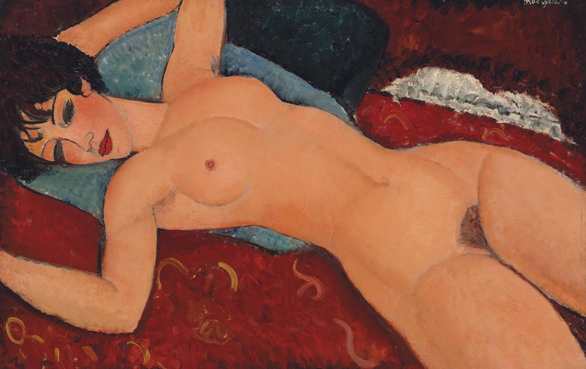 Amedeo Modigliani - Лежащая обнаженная с раскинутыми руками. Красная обнаженная 1917