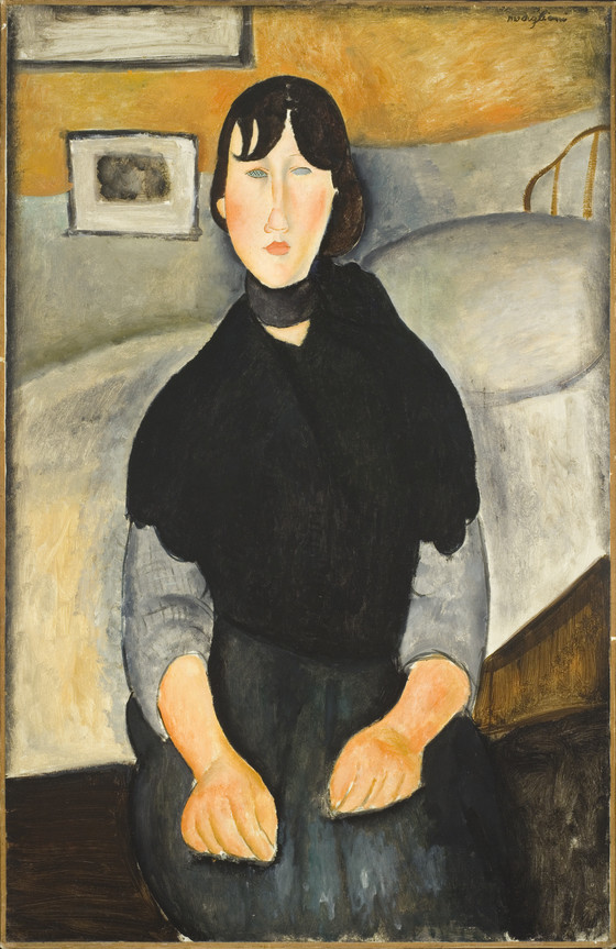 Amedeo Modigliani - Темноволосая женщина, сидя на кровати 1918