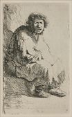 Рембрандт ван Рейн - Нищий, сидящий на ступенях, с открытым ртом 1630