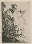 Рембрандт ван Рейн - Два нищих, мужчина и женщина, выходящие из-за банка 1630