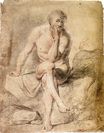 Уильям Тёрнер - Обнаженный мужчина, сидящий в скалах, с подбородком на руке 1792